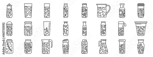 Detox water icons set. Different glass containers filled with detox water, infused with various fruits, vegetables, and herbs, promoting a healthy lifestyle