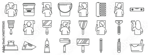 Applying wallpapers icons set. Line drawing icons representing wallpapering tools and workers applying, measuring, and cutting wallpaper