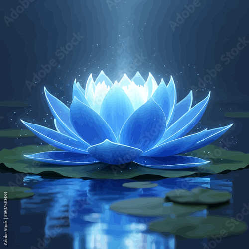 A radiant blue lotus flower floats serenely on tranquil water.