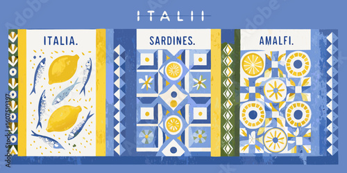 Italian Food and Culture Illustration Featuring Lemons Sardines and Amalfi Coast Tiles