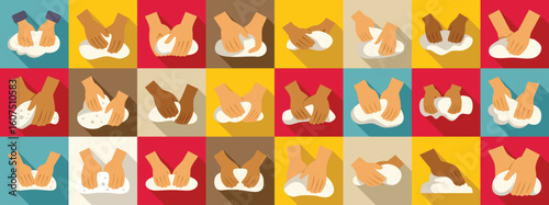 Kneading dough icons set. Hands kneading dough shown in a seamless colorful pattern, representing baking, cooking, and culinary arts
