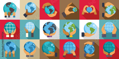 Hands holding earth globe icons set. Various hands holding earth symbols in a vibrant pattern