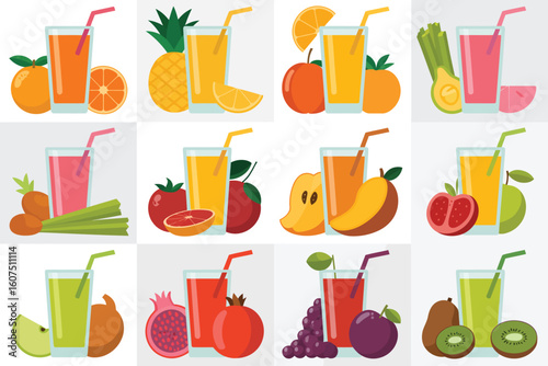Assortment of fresh fruit juices and fruits in glasses