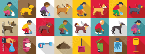 Clean up after dog icons set. Colorful icons depicting dog owners picking up after their pets