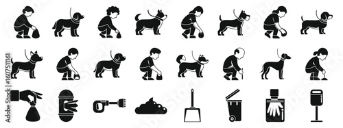 Clean up after dog icons set. Icons depicting dog walking and waste disposal activities