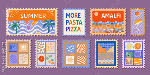 Collection of illustrated postage stamps featuring summer food and travel destinations