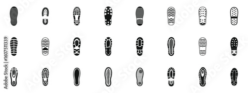 Shoe footprint icons set. Different shoe tread patterns are displayed, showcasing various footwear shapes and textures suitable for walking or running activities