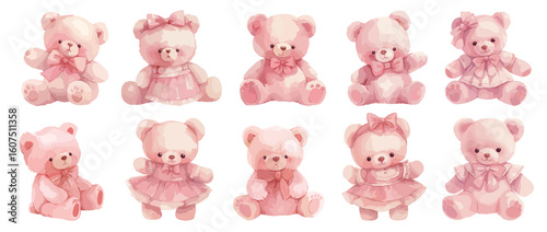 Pink bear toys with ribbon bows. Girl baby shower, birthday decor, teddy bear in dress. Watercolor cute character isolated vector set