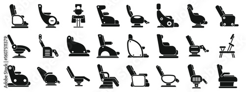 Massage chair icons set. Collection of reclining passenger seats suitable for various transportation methods, providing comfort and relaxation during journeys