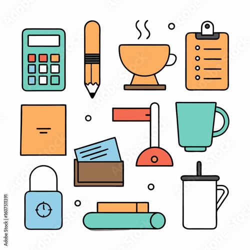 Office Icon Illustration: A collection of vibrant office tools, perfectly rendered in a flat design style with precise outlines, offering a clean aesthetic.
