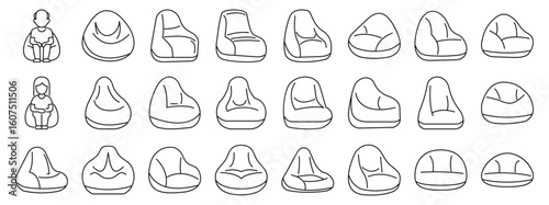 Bean chair icons set. People sitting comfortably on bean bag chairs, enjoying relaxation in various poses