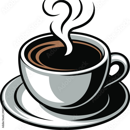 Steaming cup of hot coffee on a saucer