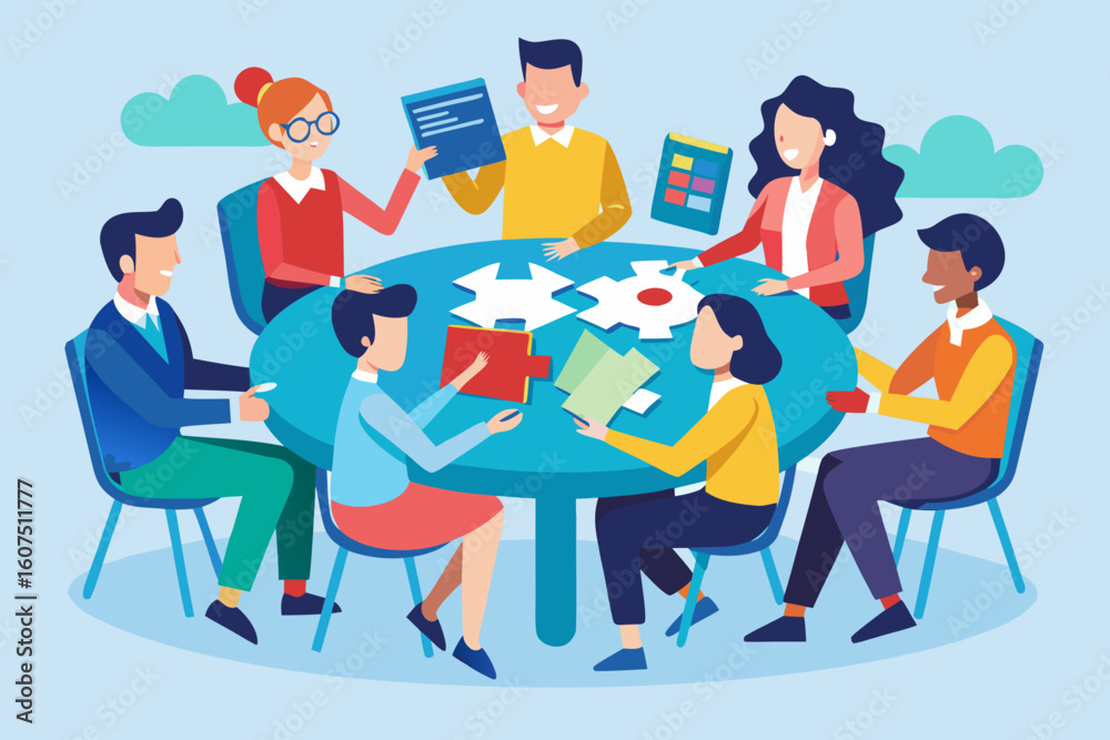 Obraz premium Diverse team collaborating around table solving puzzle brainstorming and teamwork concept