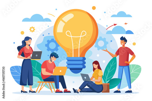 Teamwork and Innovation People brainstorming with laptops around a giant lightbulb