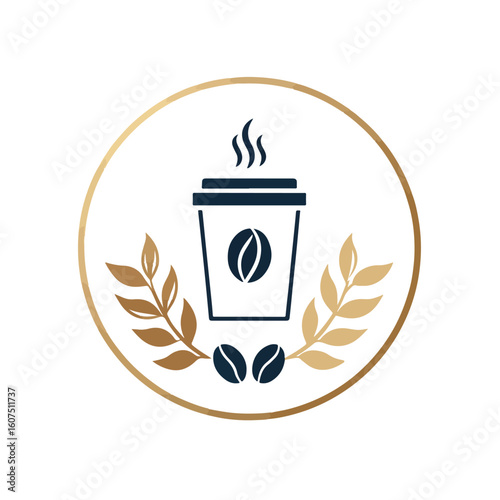 coffee brand logo, cup of coffee on white background