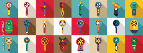 Electric hand fan icons set. Colorful set of portable fan icons representing different styles and designs for personal cooling