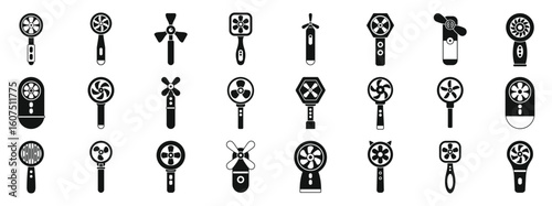 Electric hand fan icons set. Set of simple black glyph icons representing different models of portable fans, ideal for hot days and personal cooling needs