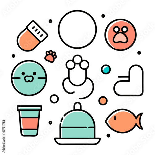 Pet Care Vector Illustration: A delightful vector illustration featuring essential pet care icons, including a paw print, food bowl, and various other elements.