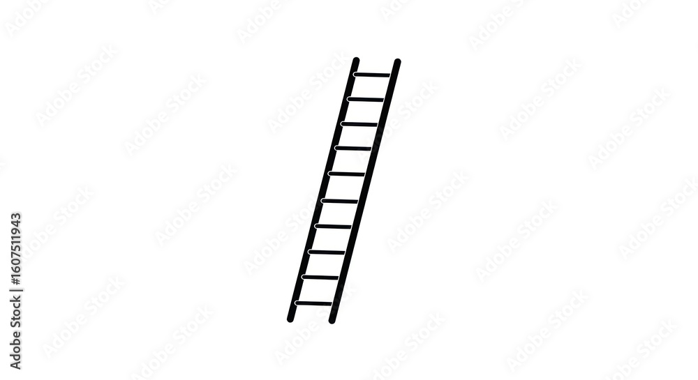 A simple black ladder leans against a white background, isolated.
