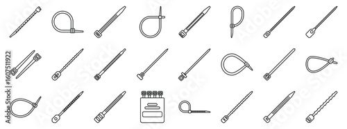 Cable ties icons set. Collection of various cable tie designs showcasing diverse shapes and functionalities, including a box for organized storage, ideal for bundling and securing items
