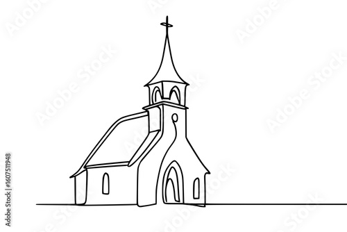 Continuous Line Art Illustration of a Church Representing Religion and Community

