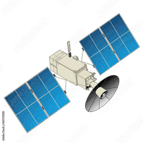 Modern communication satellite with large solar panels and dish antenna