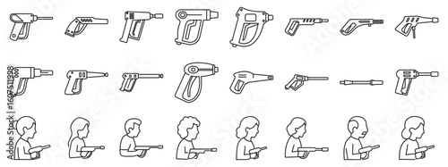 High pressure gun icons set. People using different cleaning equipment for professional cleaning and disinfection