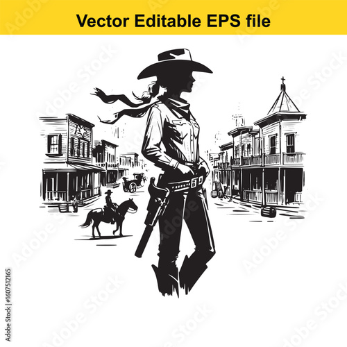 Cowgirl Sheriff Keeping Peace in a Bustling Frontier Town