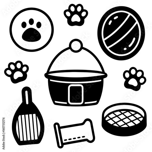 Pet Care Essentials: A collection of pet care items arranged against a neutral background, featuring a range of equipment essentials for pet well-being.