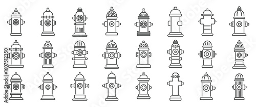 Fire hydrant icons set. Collection of fire hydrant illustrations in minimalist line style