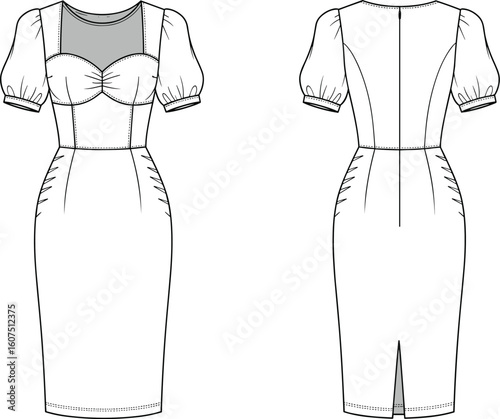 Elegant Fitted Dress with Bustier Top, Short Sleeves, and Side Slit for Sophisticated Casual Wear