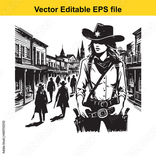 Cowgirl Sheriff Keeping Peace in a Bustling Frontier Town