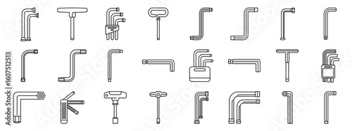 Allen keys icons set. Line drawing of allen wrenches or hex keys isolated on white background, perfect for representing diy projects, furniture assembly, and repairs