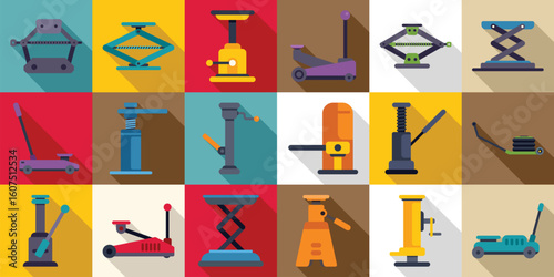 Car jack icons set. Colorful car lift icons representing various types of automotive lifting equipment used in vehicle repair and maintenance