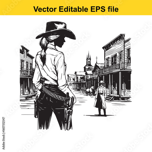 Cowgirl Sheriff Keeping Peace in a Bustling Frontier Town