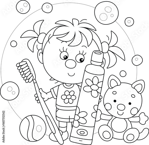 Little girl with her toys holding a toothbrush and toothpaste for teeth cleaning, ready for morning and evening everyday oral hygiene, black and white outline vector cartoon illustration for a colorin