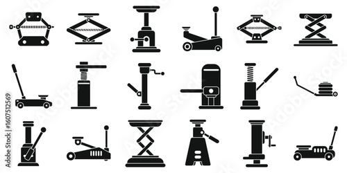 Car jack icons set. Collection of car lift icons representing various types of lifting equipment used for vehicle maintenance and repair in automotive workshops and garages