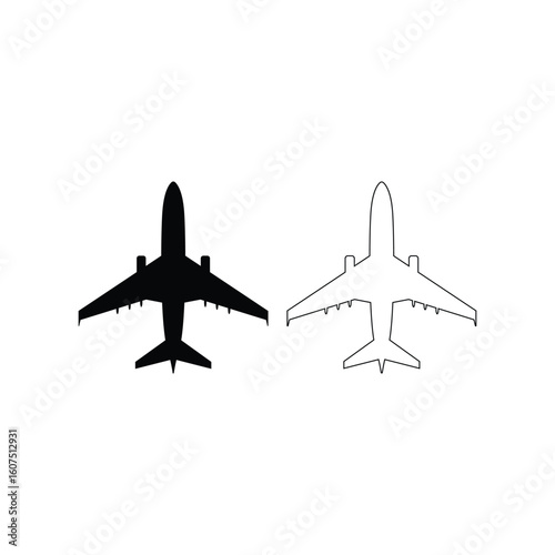 Airplane Silhouette Icon Set – Black and Outline Jet Top View Symbols