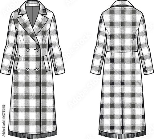 Stylish Plaid Overcoat with Fringe Hem, Double-Breasted Design, and Classic Collar for Autumn Fashion