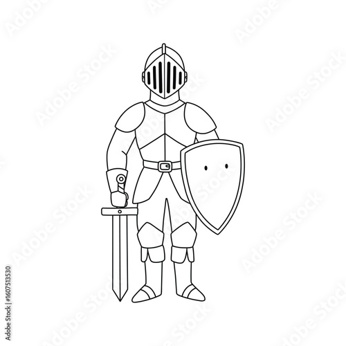 Medieval Knight in Full Armor with Sword and Shield Line Art Illustration