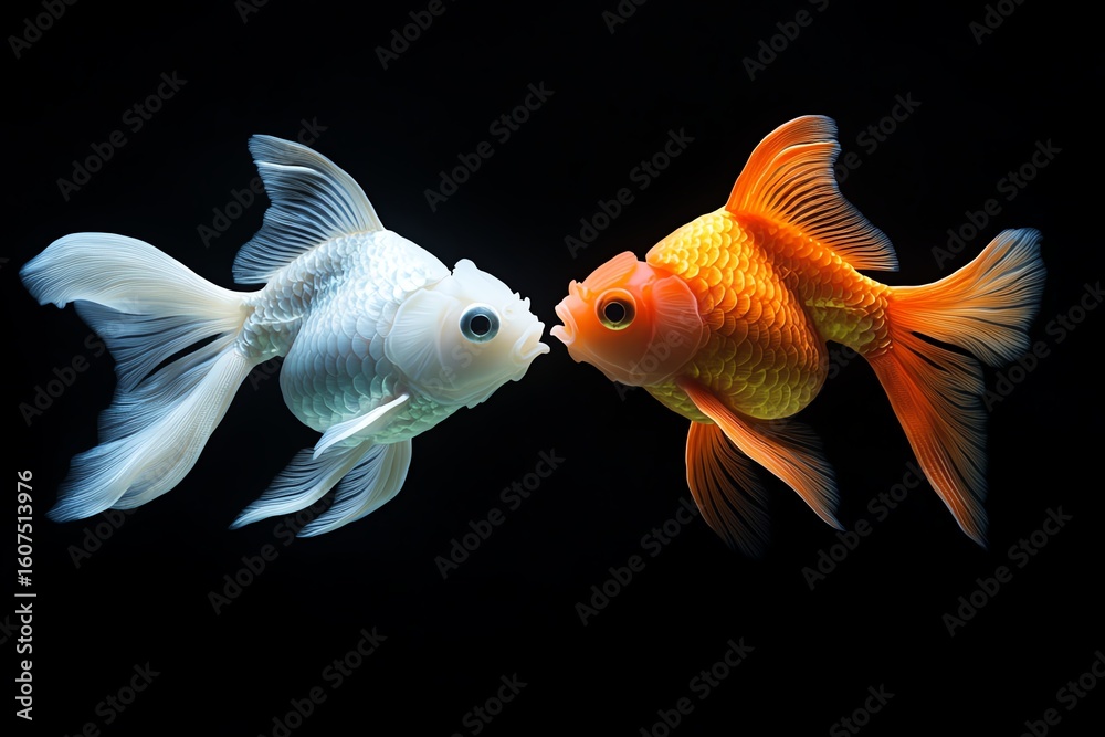 Fototapeta premium Two stylized goldfish, one white, one orange, face each other against a black backdrop