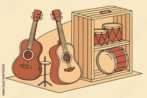  acoustic guitars, wooden musical instruments, stringed instruments, musical equipment, instrument display, brown guitars, guitar collection, musical composition, musical performance, musical arrang