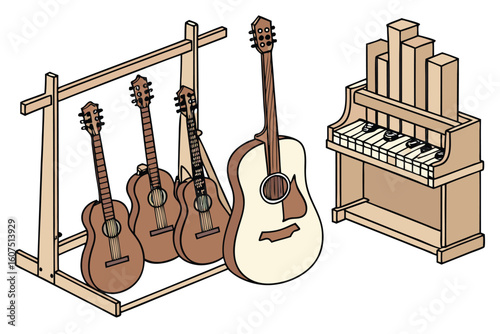  acoustic guitars, wooden musical instruments, stringed instruments, musical equipment, instrument display, brown guitars, guitar collection, musical composition, musical performance, musical arrang