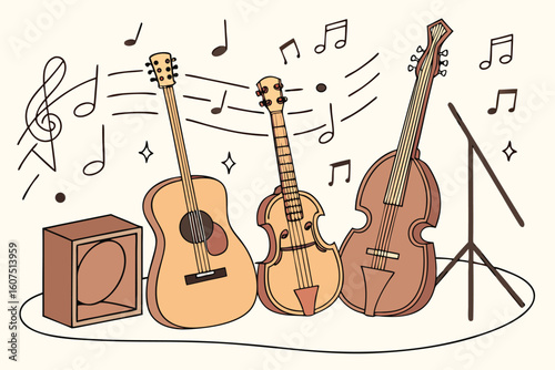  acoustic guitars, wooden musical instruments, stringed instruments, musical equipment, instrument display, brown guitars, guitar collection, musical composition, musical performance, musical arrang