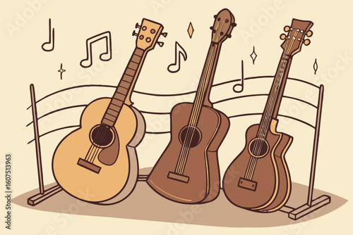  acoustic guitars, wooden musical instruments, stringed instruments, musical equipment, instrument display, brown guitars, guitar collection, musical composition, musical performance, musical arrang