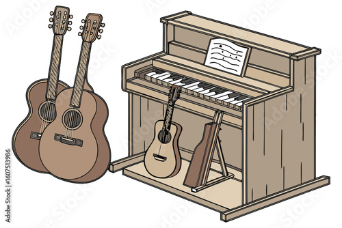  acoustic guitars, wooden musical instruments, stringed instruments, musical equipment, instrument display, brown guitars, guitar collection, musical composition, musical performance, musical arrang