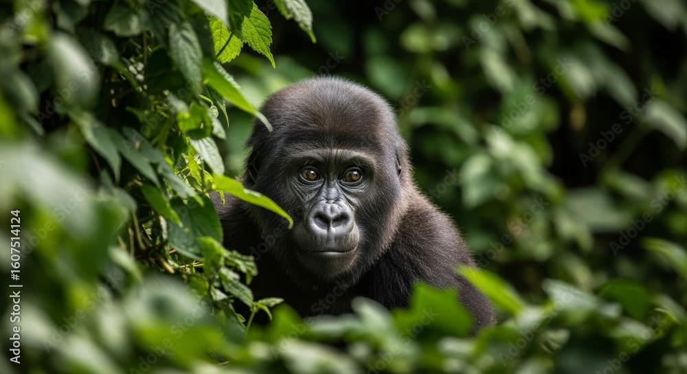 Fototapeta premium Young Gorilla in Lush Foliage - A young gorilla peers from behind vibrant green leaves, symbolizing wildlife, nature, conservation, fragility, and hope