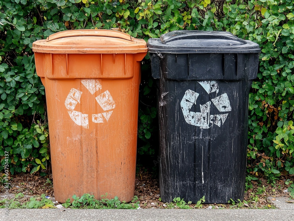 Two trash cans one regular, one recycling Two trash cans one regular, one recycling