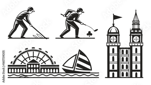 Illustration of london landmarks golfers and boat vector silhouette design england eye tower ben architecture transparent background