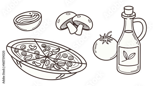 Delicious pizza with tomato, mushroom, and oil illustration for restaurant or food blog content creation needs transparent background